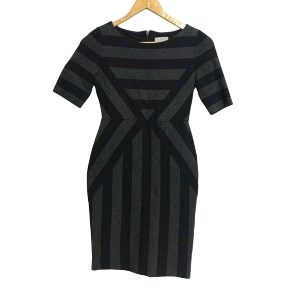 Anthropologie Maeve Black Charcoal Wide Stripe Fitted Short Sleeve Mini Dress - Picture 1 of 12